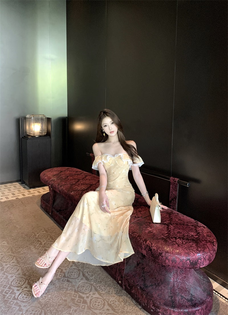 Beautiful little skirt gentle style floral yellow long skirt 2025 dress R0890