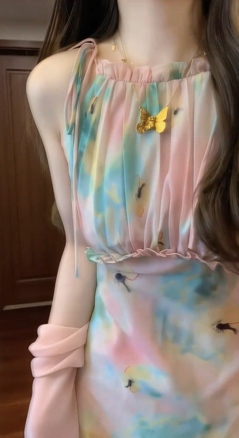 Gentle temperament oil painting floral dress beautiful waist slim fit small skirt R0629