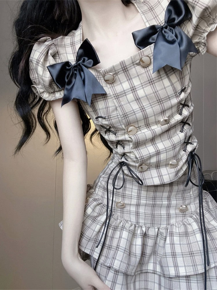 French first love skirt sweet retro plaid suit skirt puffy princess skirt two-piece suit R1648