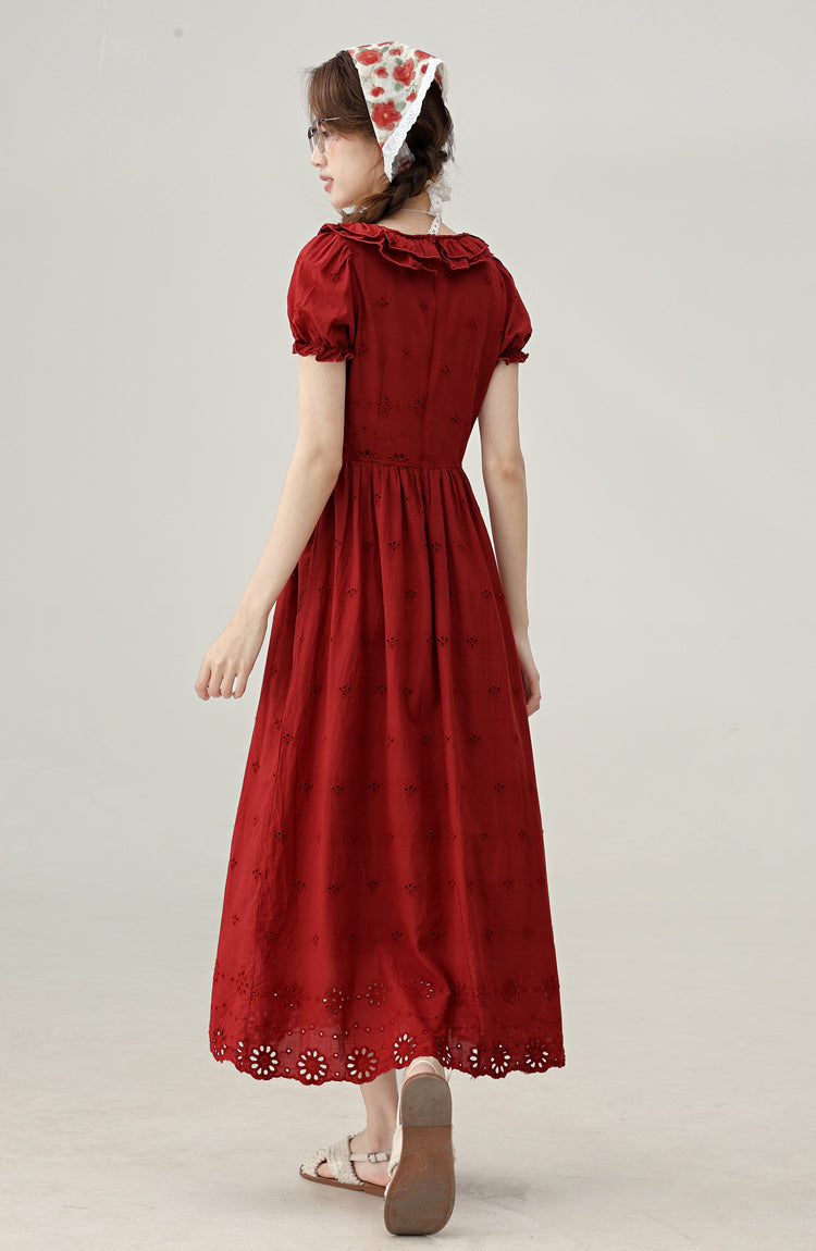 French retro red puff sleeve dress beautiful holiday dress R1934