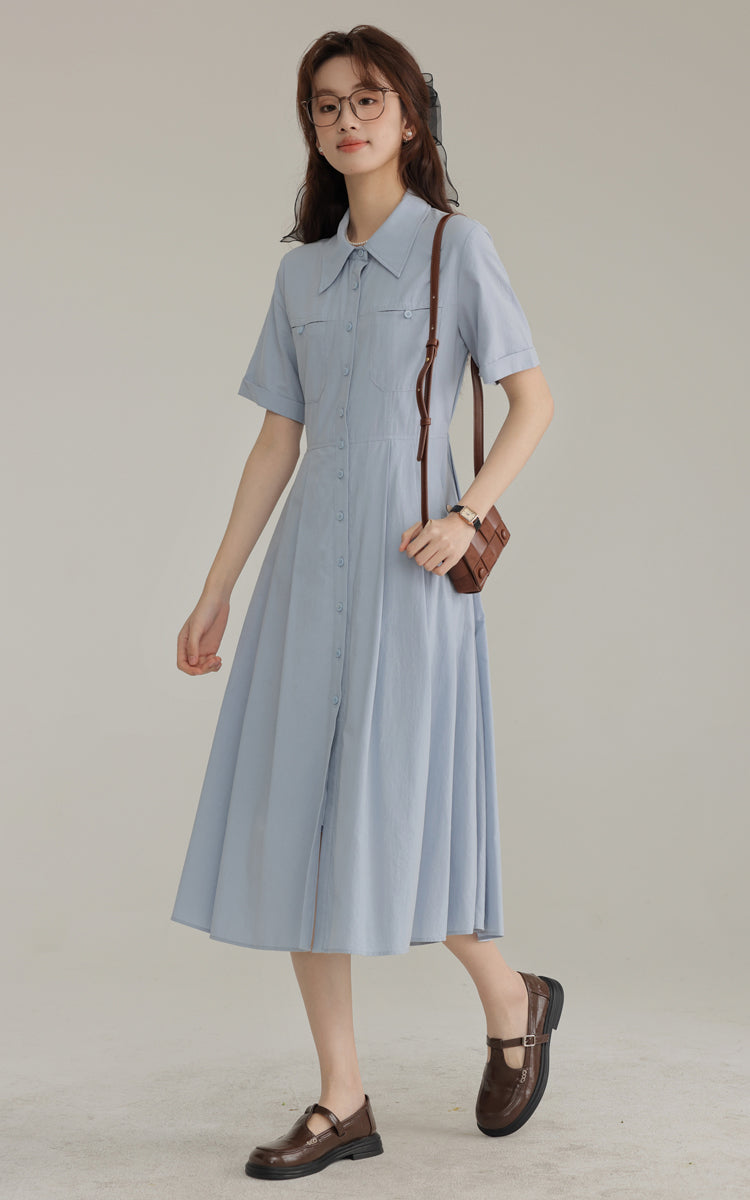 French new blue college style dress waist pleated shirt skirt R1938