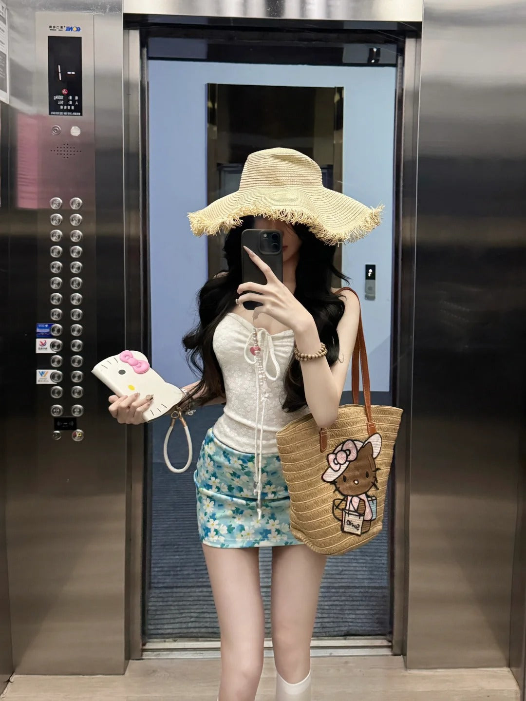 Holiday style gentle temperament beautiful jacquard halter neck top floral skirt two-piece suit R0886