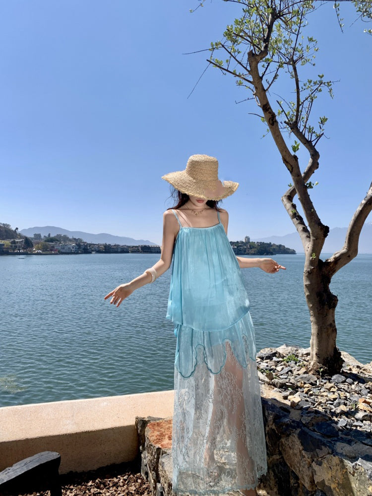 Holiday style gentle temperament unique beautiful blue suspender top skirt two-piece set R0869