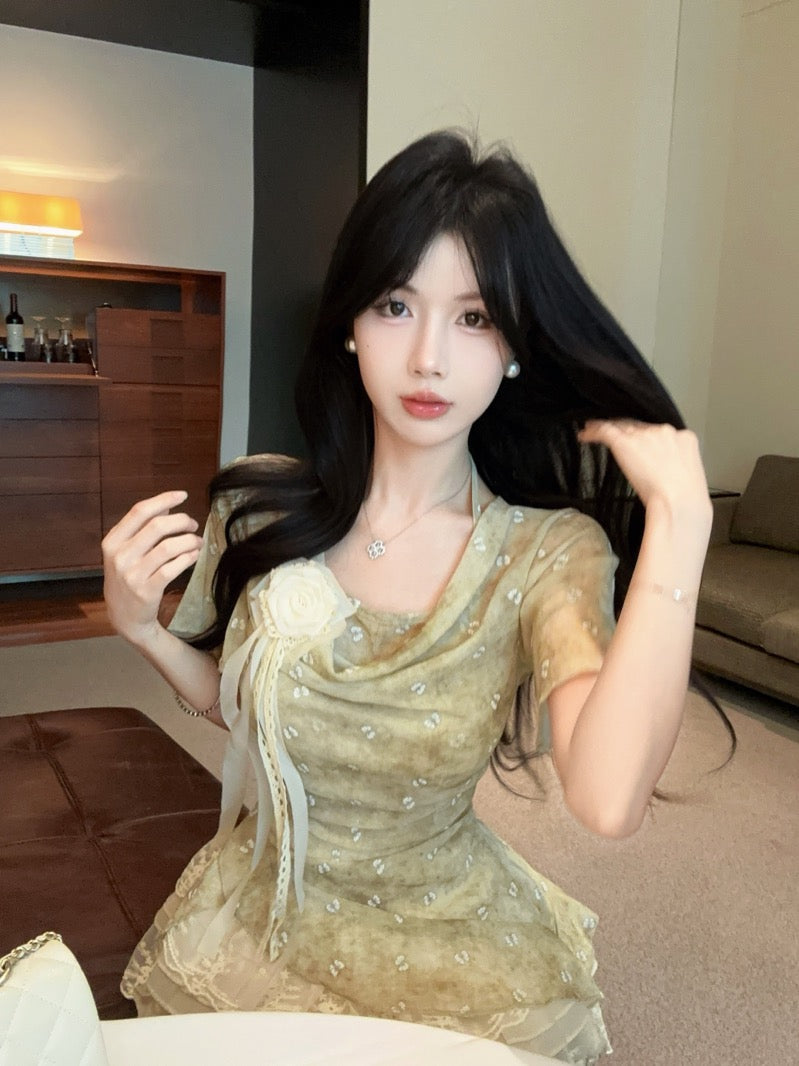 French lace three-dimensional flower collar chiffon shirt summer new sweet halter neck R3390