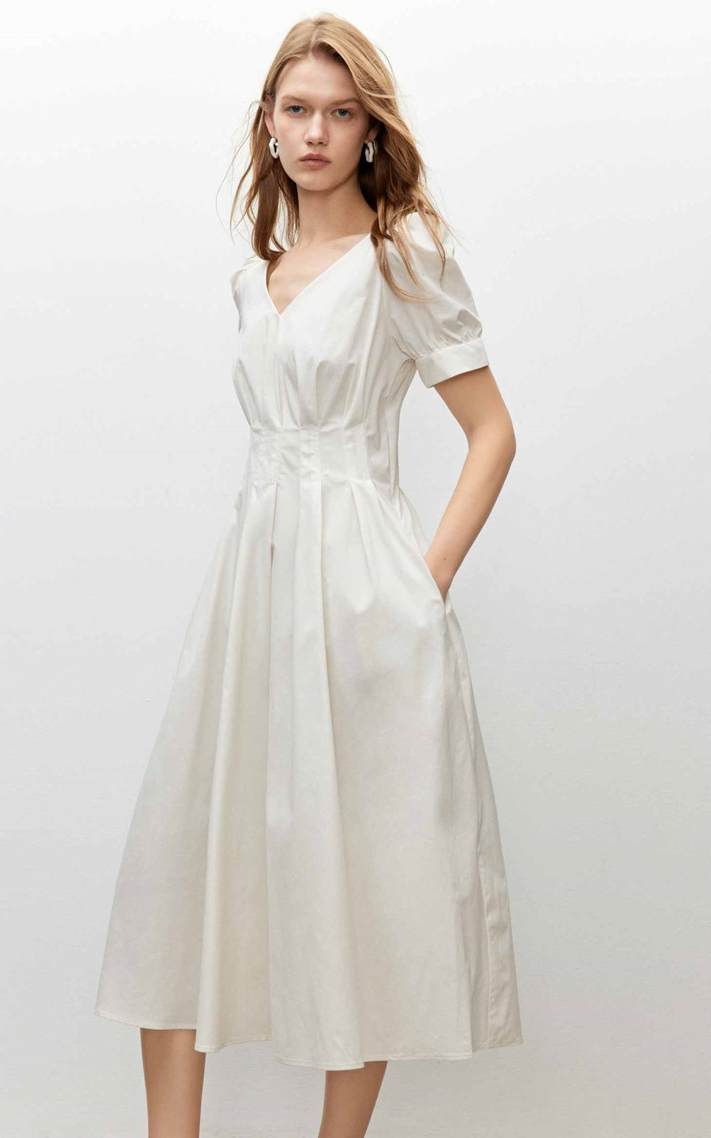 Summer new solid color high waist V-neck puff sleeve waist slimming midi dress for women R3947