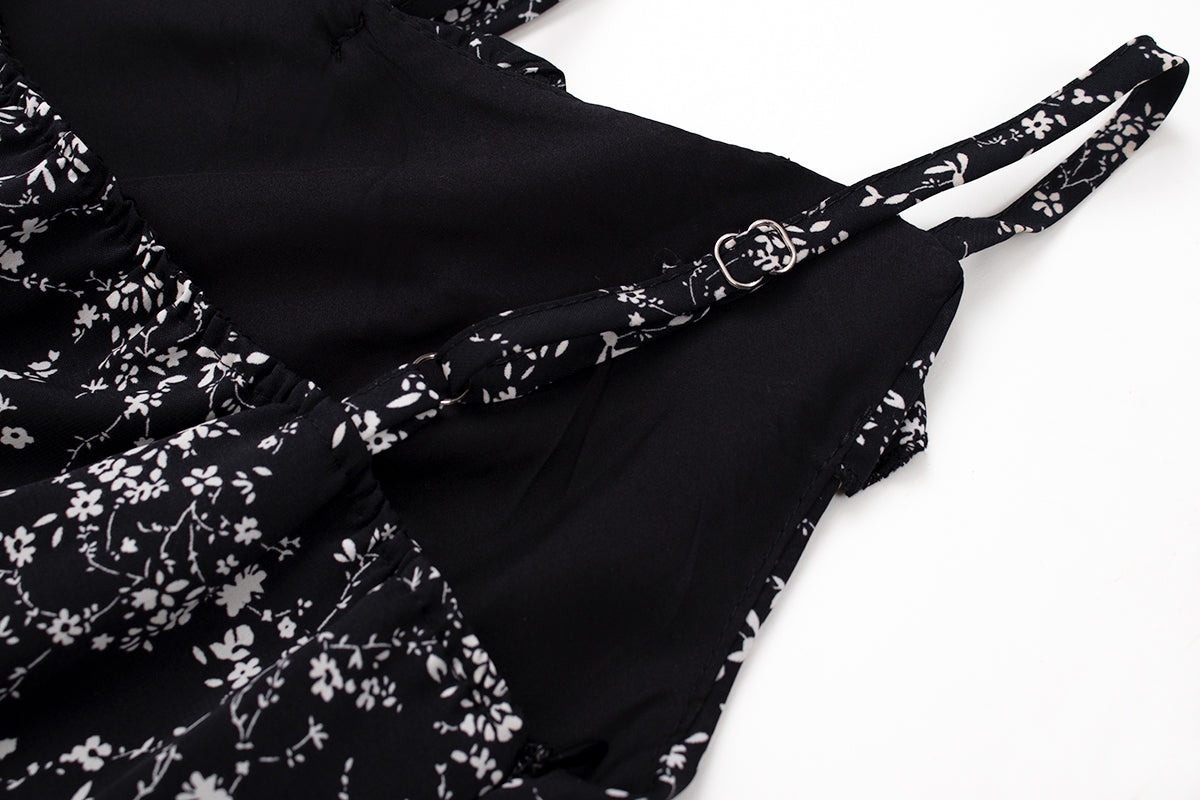 Bevel floral suspender dress French style slim waist long dress for women summer irregular R0031