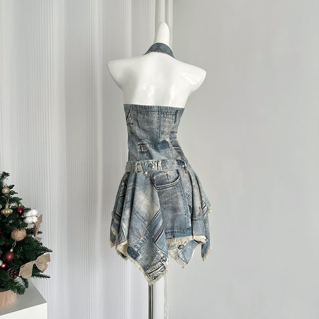 Waist halter neck denim dress distressed retro slim short skirt R2051