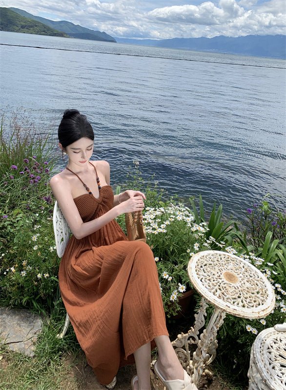 Travel wear retro beaded halter neck knitted dress seaside holiday beach dress R1593