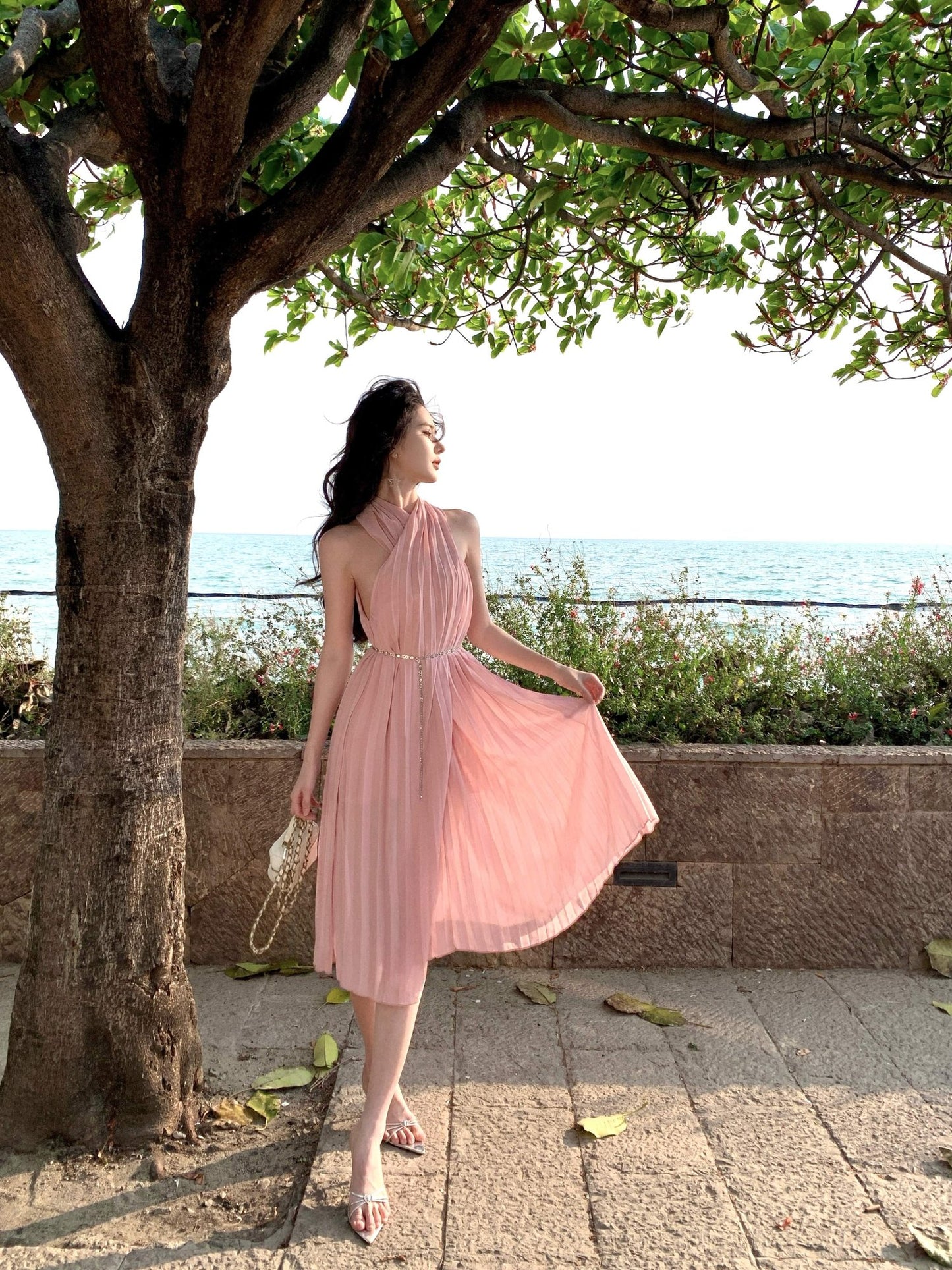 Pink sleeveless halter dress gentle style super beautiful dress R0727