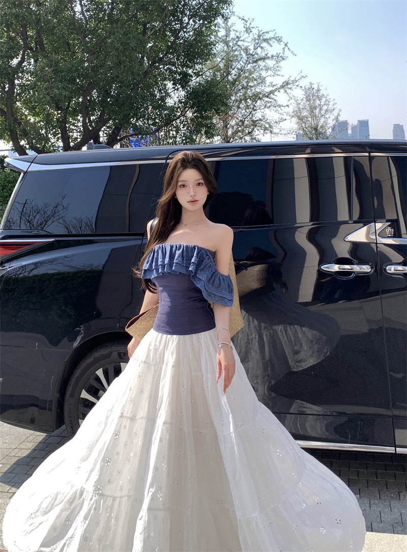 Beautiful outfit set, gentle temperament, beautiful one-shoulder top, A-line skirt, two-piece suit R0728