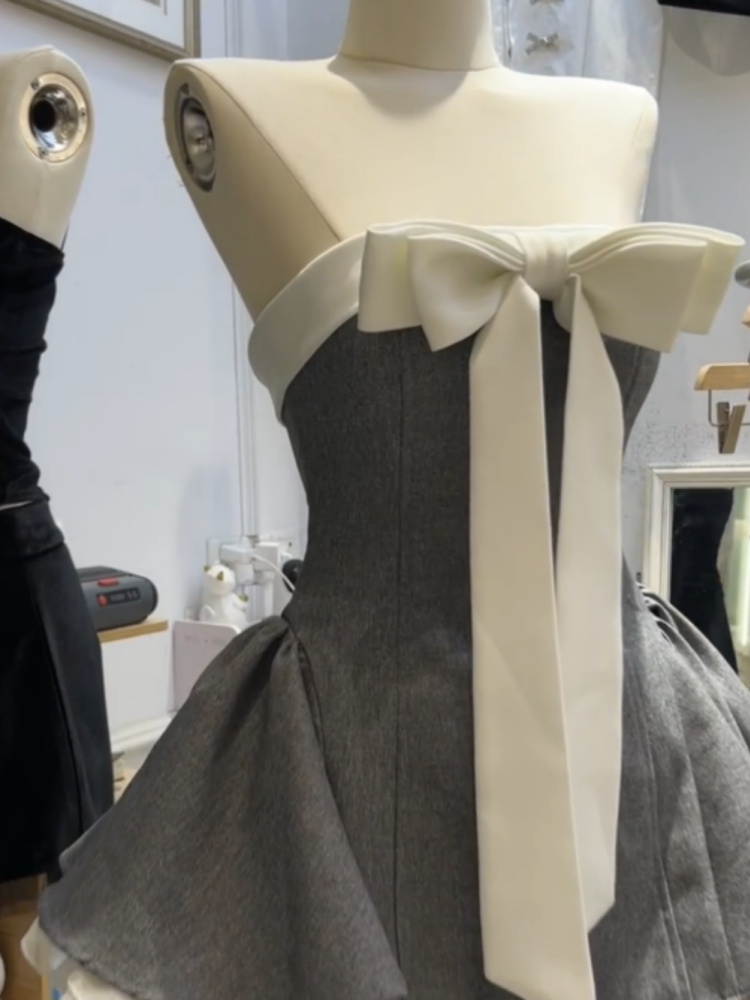 Ballet-style design sense bow bra dress women's high-end waist fluffy short skirt homecoming dress R3001