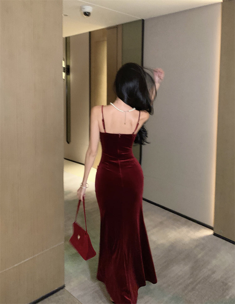 French suspender dress autumn wine red slim waist velvet hip fishtail Christmas dress R1439