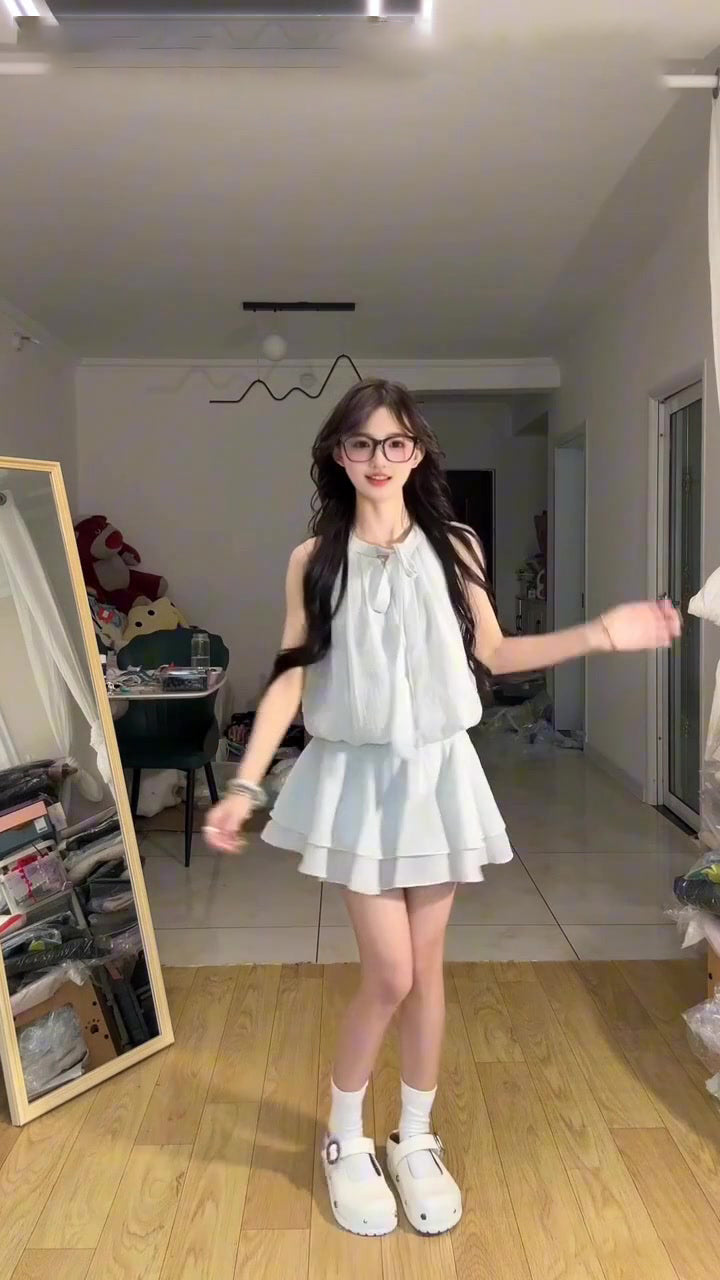 Blue halter dress gentle temperament waist a-line short skirt summer skirt R0836