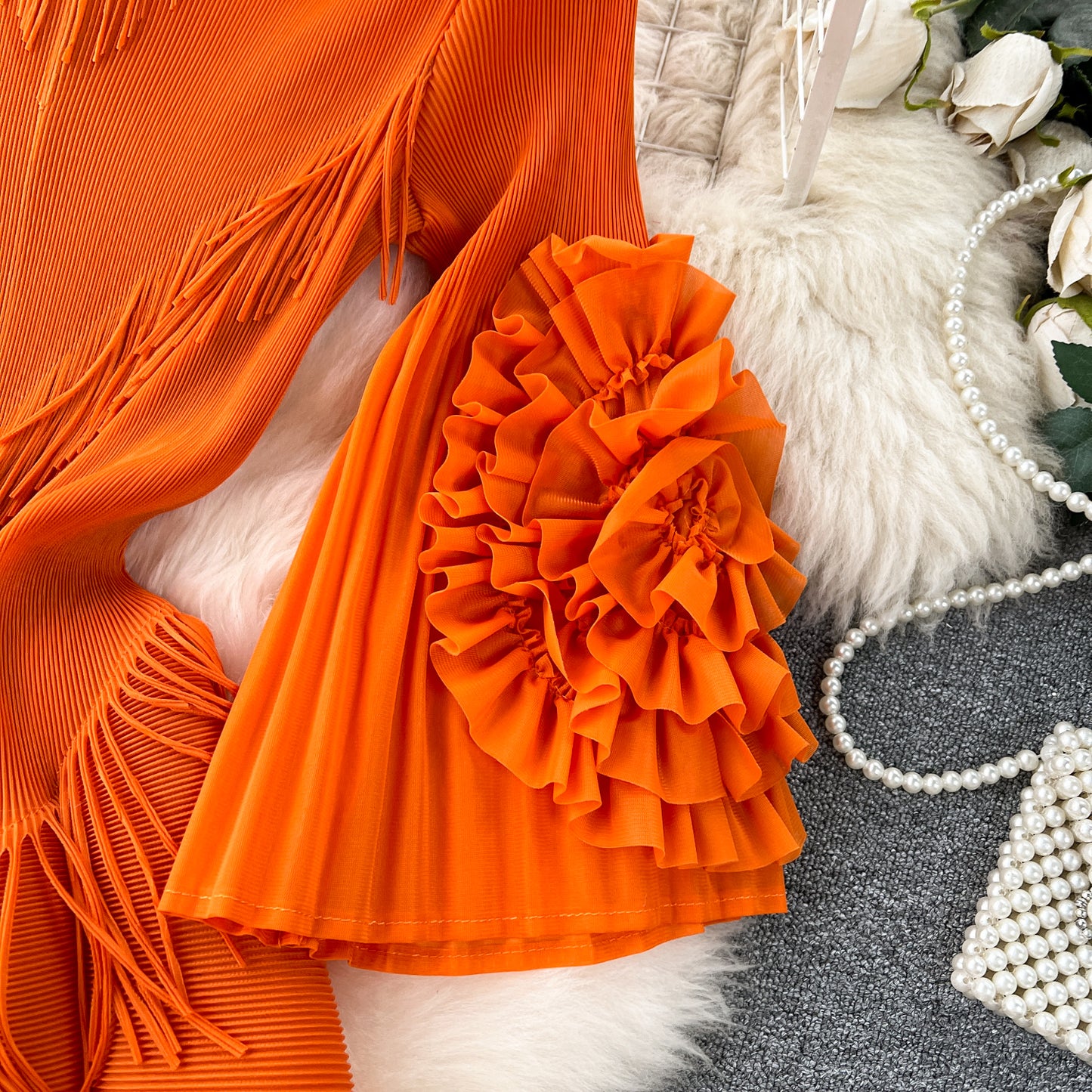 Palace style dress with tassels, V-neck, slim fit, long, pleated, trumpet sleeves R2260