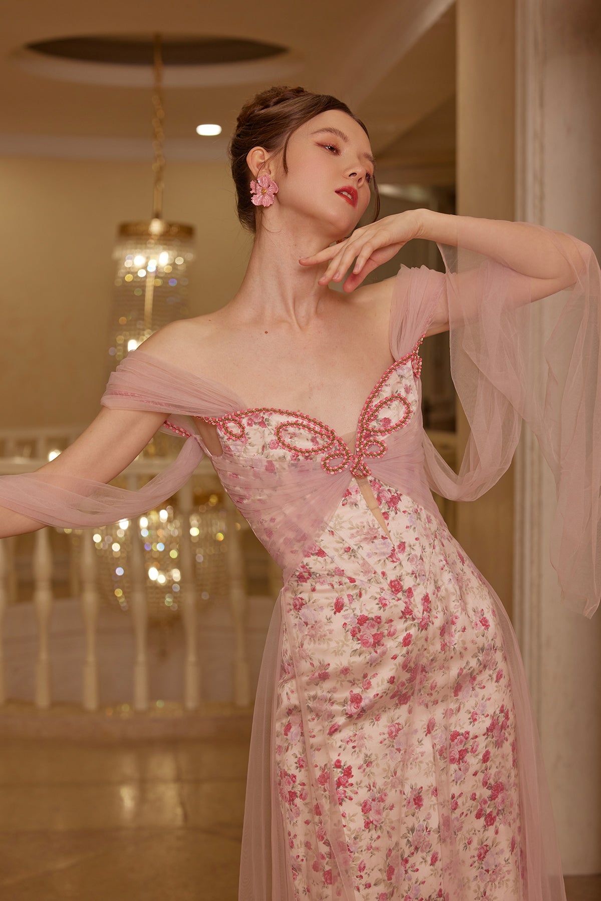 French fairy dress mesh satin printed fishbone dress evening gown dress homecoming dress R5117