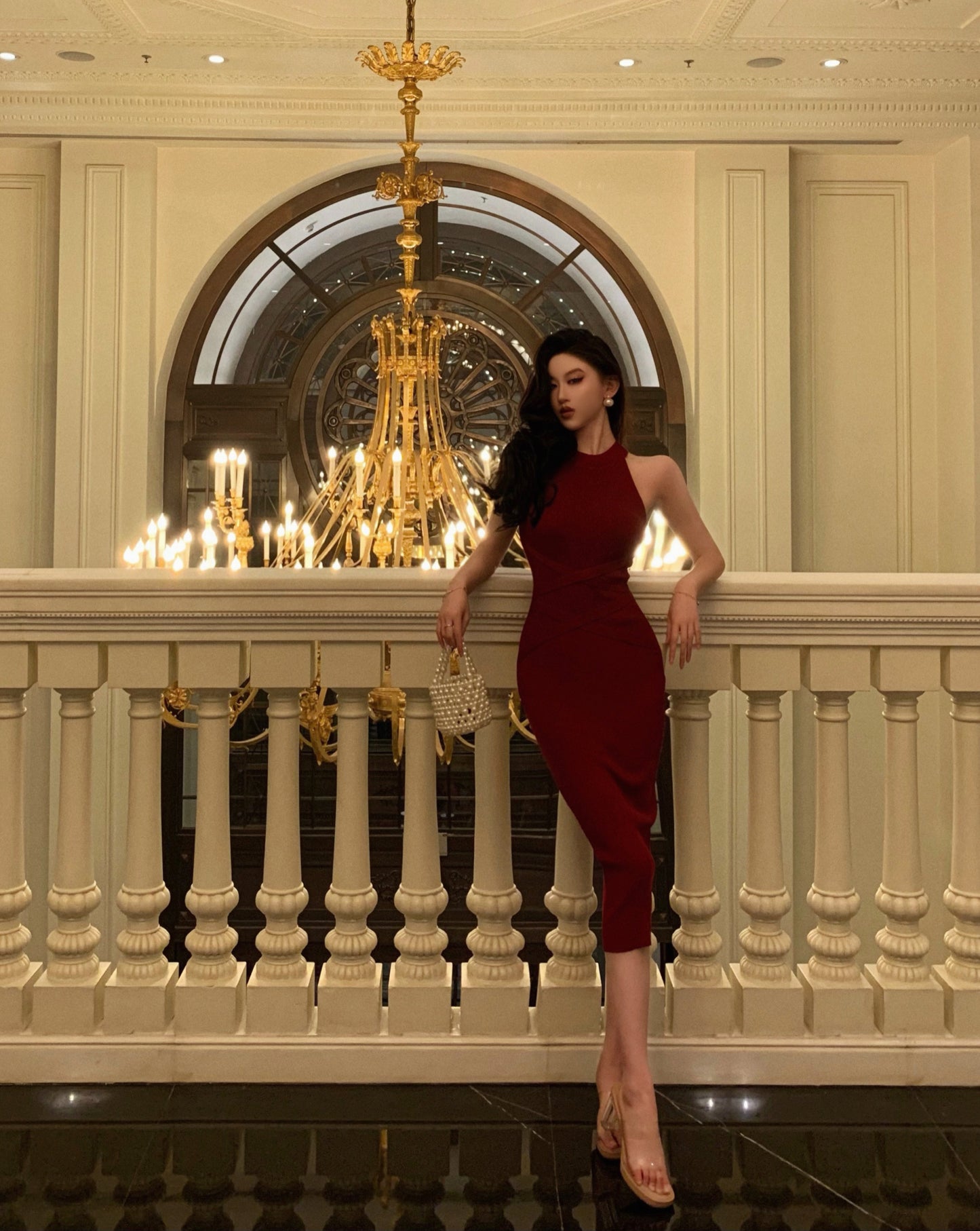 Retro halter neck suspender dress sleeveless lace-up knitted slim fit sexy hip skirt R1491