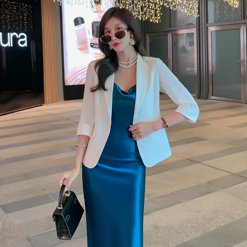 High-grade French suspender dress 25 new high-end silk satin blue temperament skirt slim fit R0988