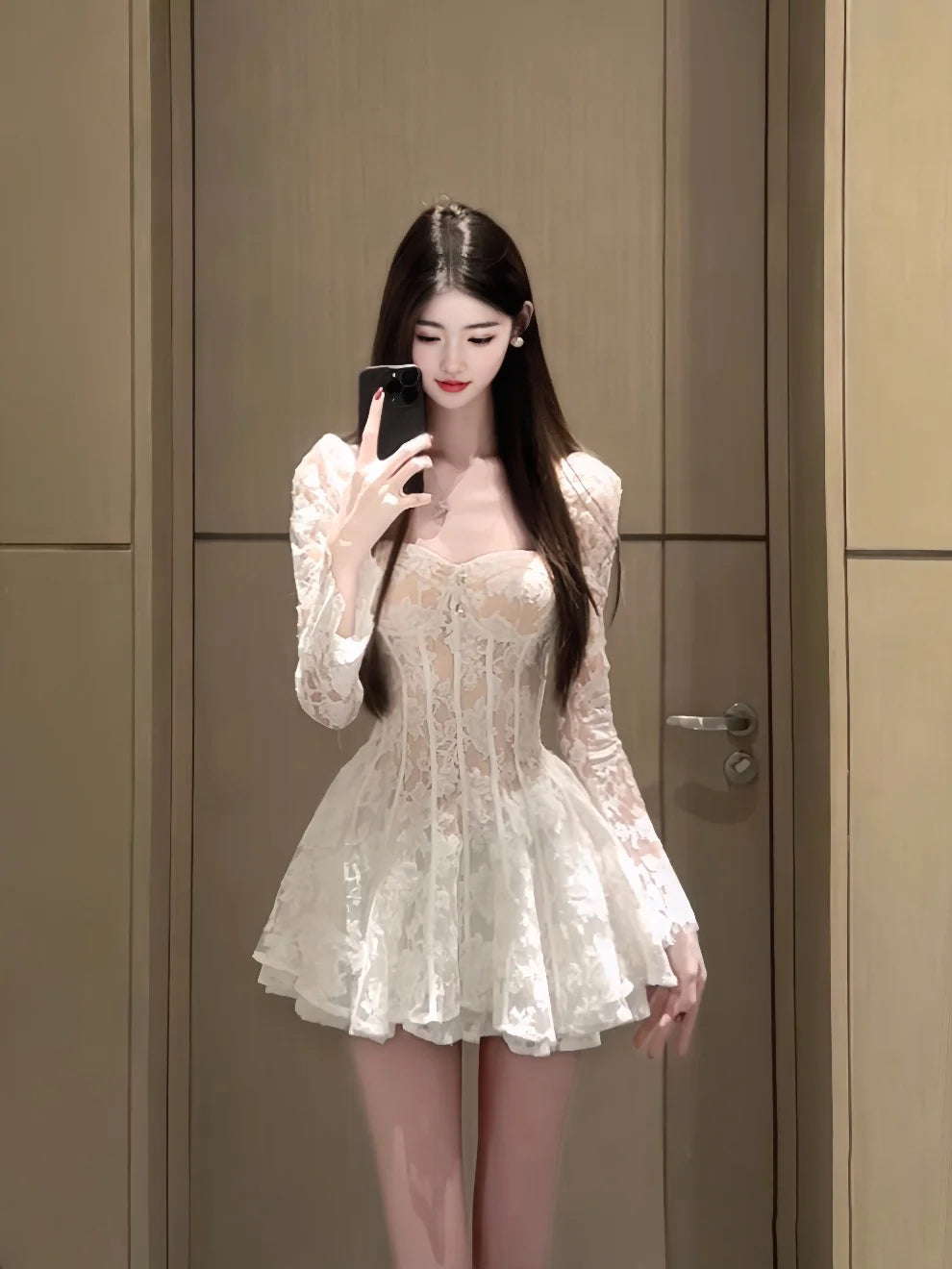 Square collar white lace puff sleeve dress gentle temperament pure waist skirt R0633