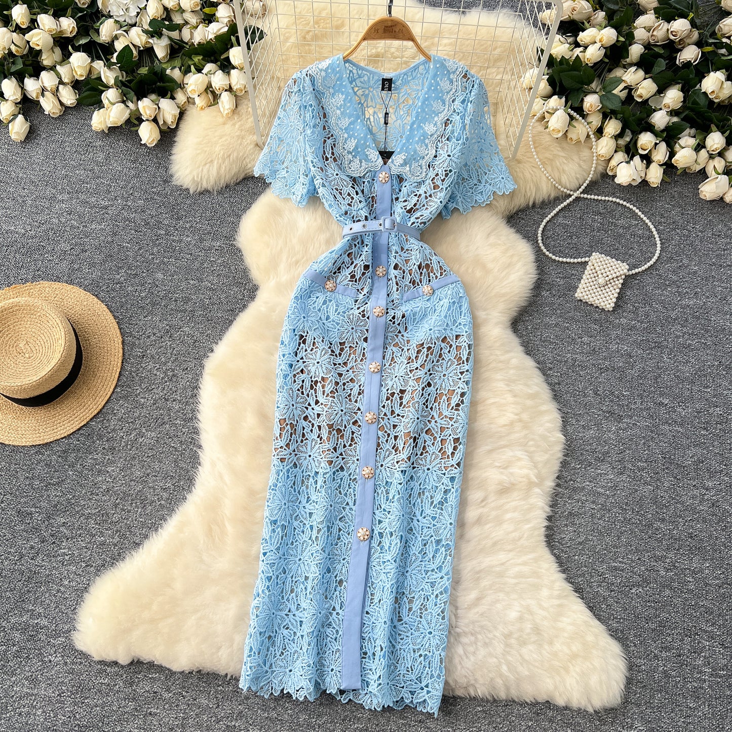 Chanel style dress with short sleeves, short-sleeved, single-breasted lace crochet long skirt R2300