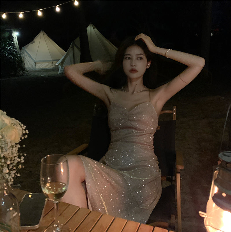 Beach vacation Sanya travel outfit sexy backless suspender beach dress R1455