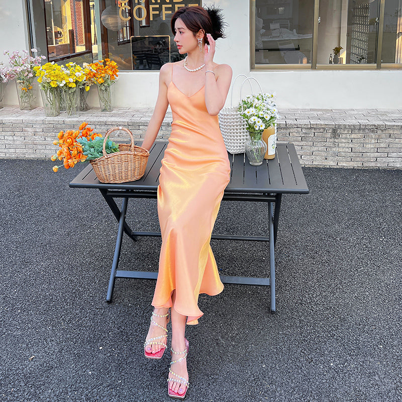 Temperament slim pure desire V-neck off-shoulder streamer sling psychedelic orange sling dress R1003