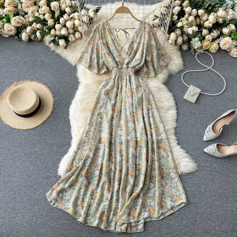 Seaside holiday dress 2025 new sexy V-neck waist slim long chiffon floral beach dress R2262