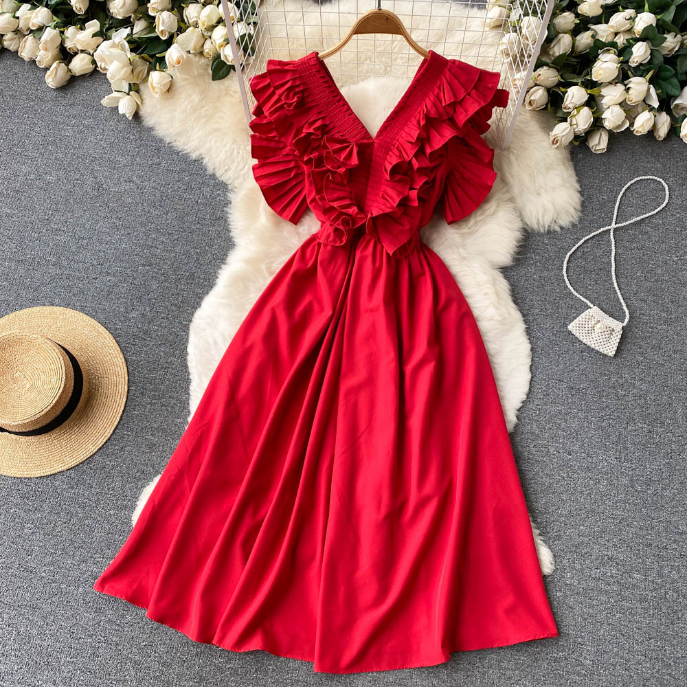 Retro French style pleated ruffled V-neck elegant dress mid-length skirt R2320