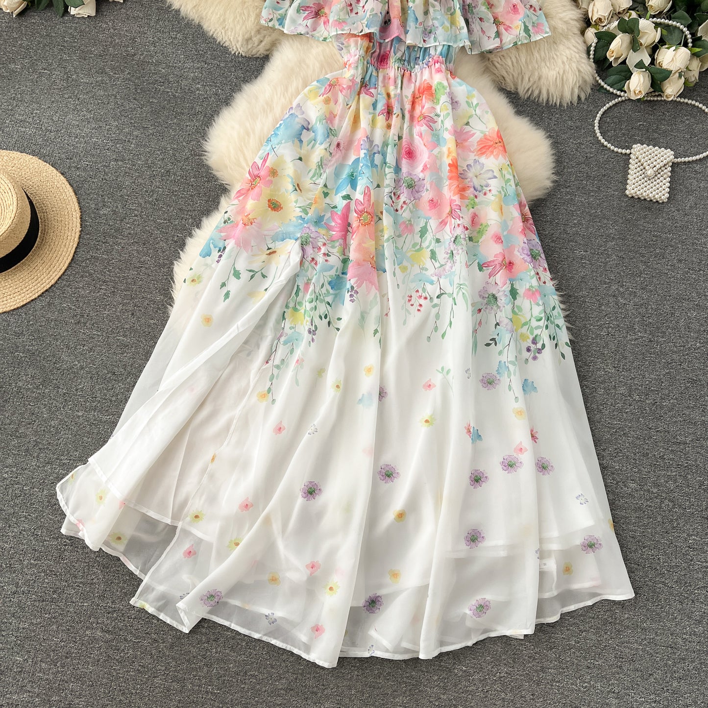 2025 New Flower Series Holiday Dress Ruffled One Shoulder Slim Long Fairy Dress R2321