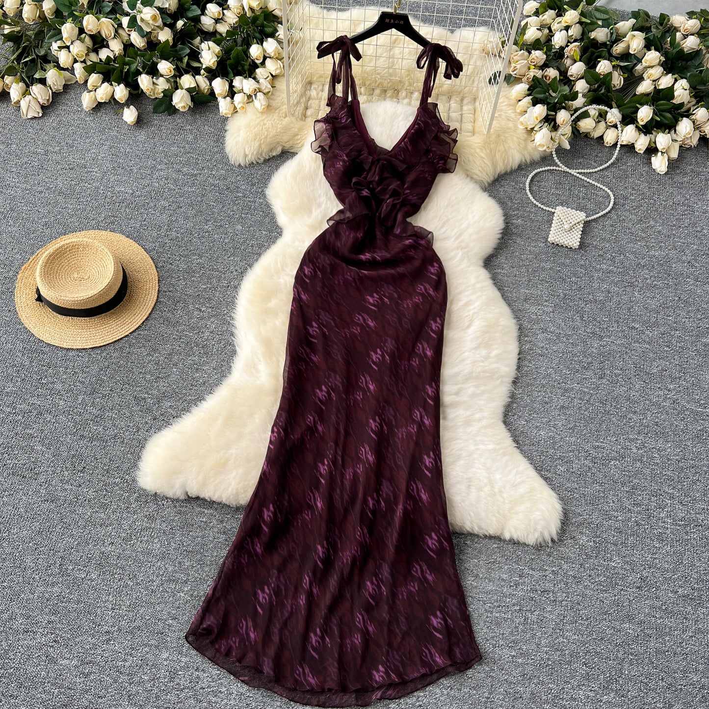 Elegant dress design V-neck ruffled halter neck tie waist slimming printed chiffon dress R2284