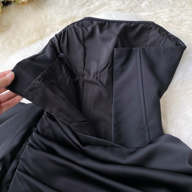 Sexy pure desire style irregular ruffled tube top dress temperament Hepburn style evening dress R2298