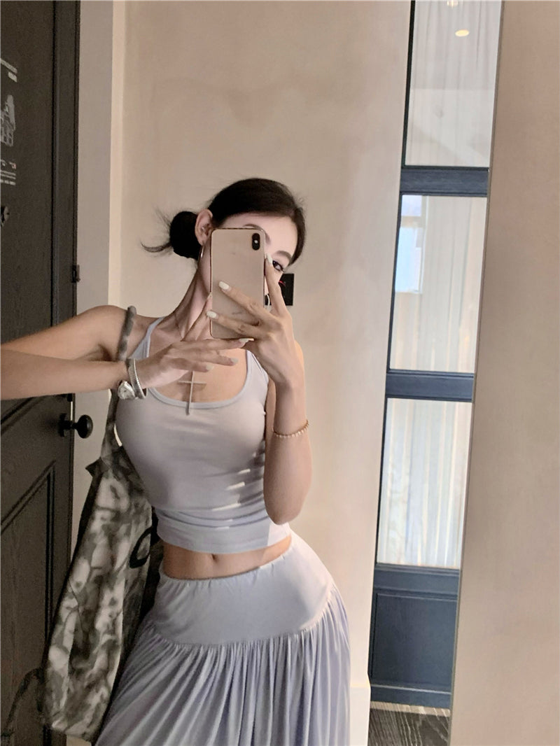 Vacation style outfit beautiful gentle style halter neck vest a-line skirt two-piece suit R0863