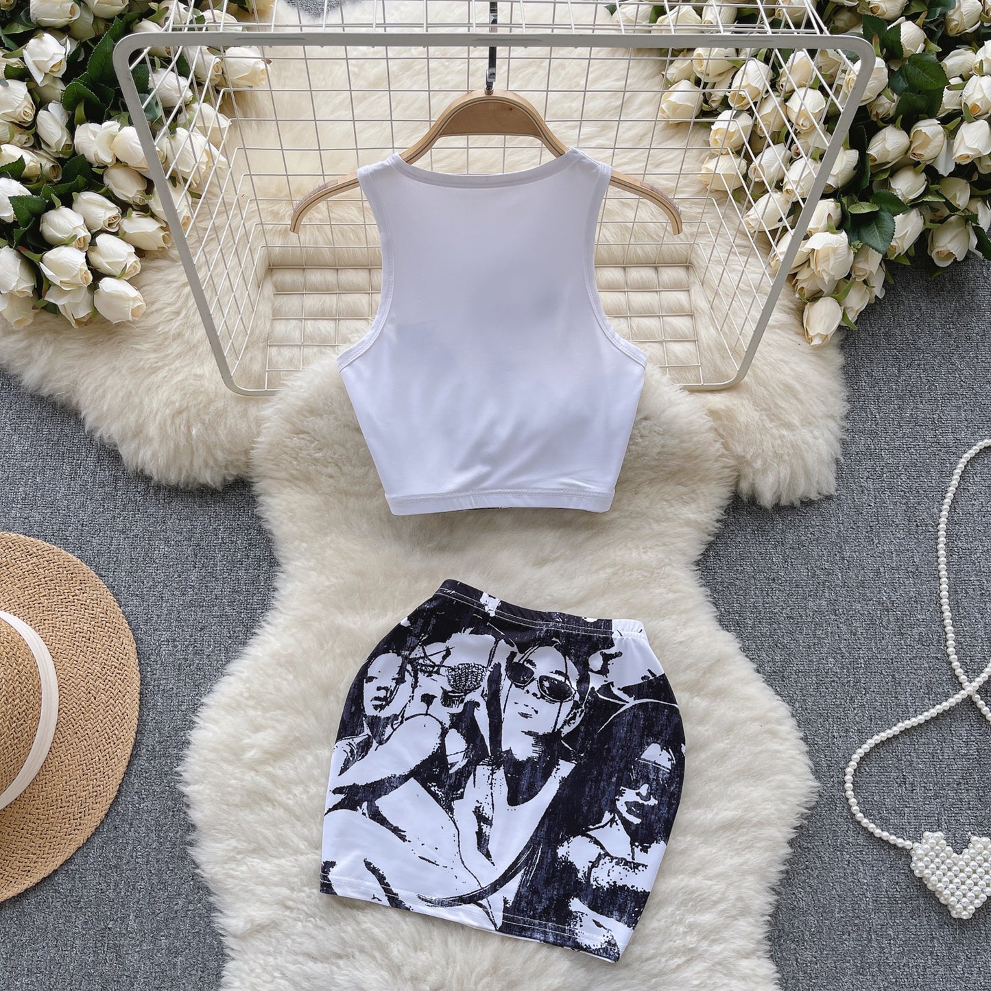 American retro printed sleeveless vest + hip skirt two-piece suit R2292