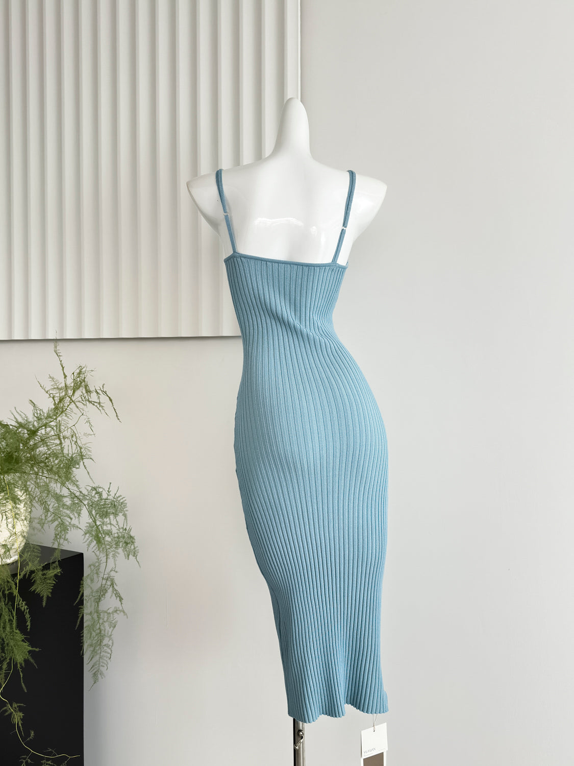 Misty blue pure slim long skirt suspenders knitted dress R2087