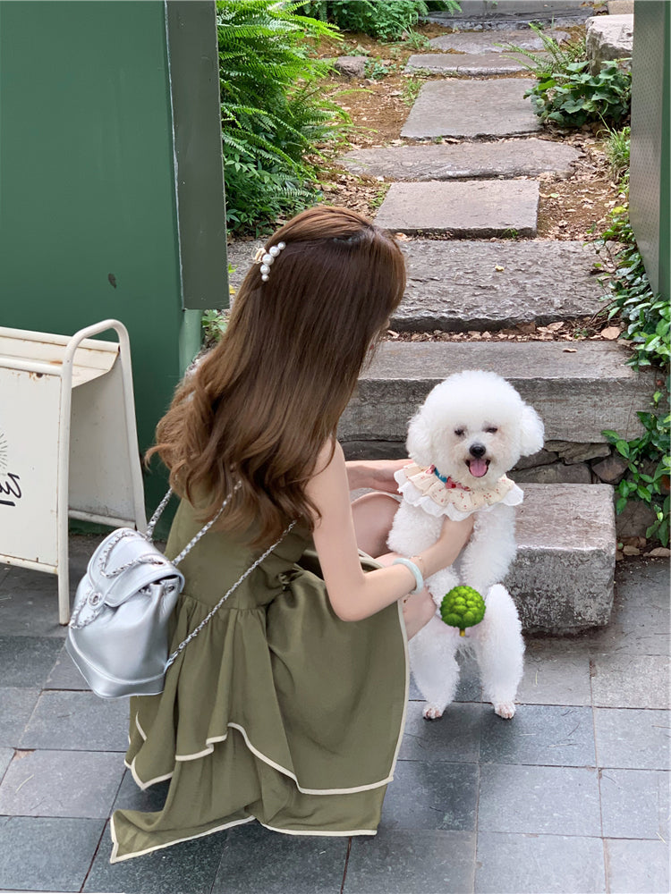 Green temperament irregular dress new French retro waist a-line suspender skirt R0060