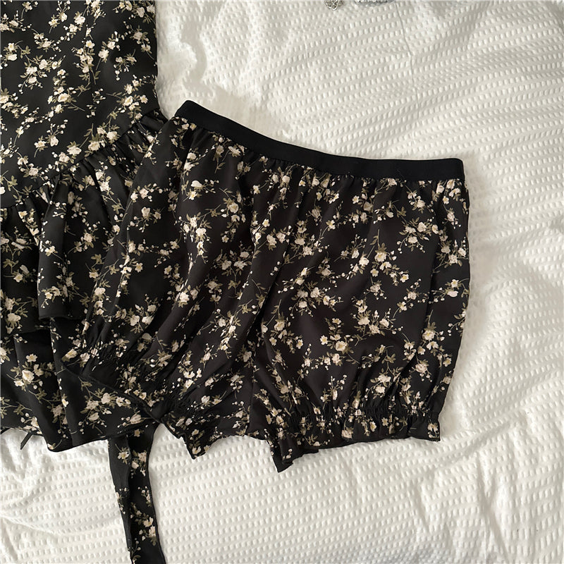 French black floral tea dress 2025 new waist slimming dress R0049