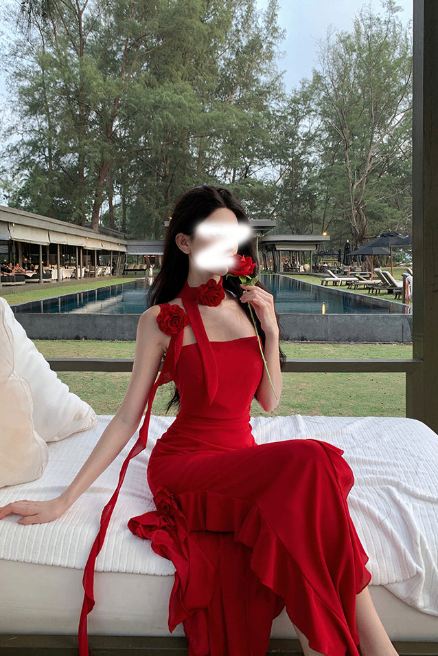 Red suspender dress 2025 new holiday slim ruffle irregular temperament long skirt R0058