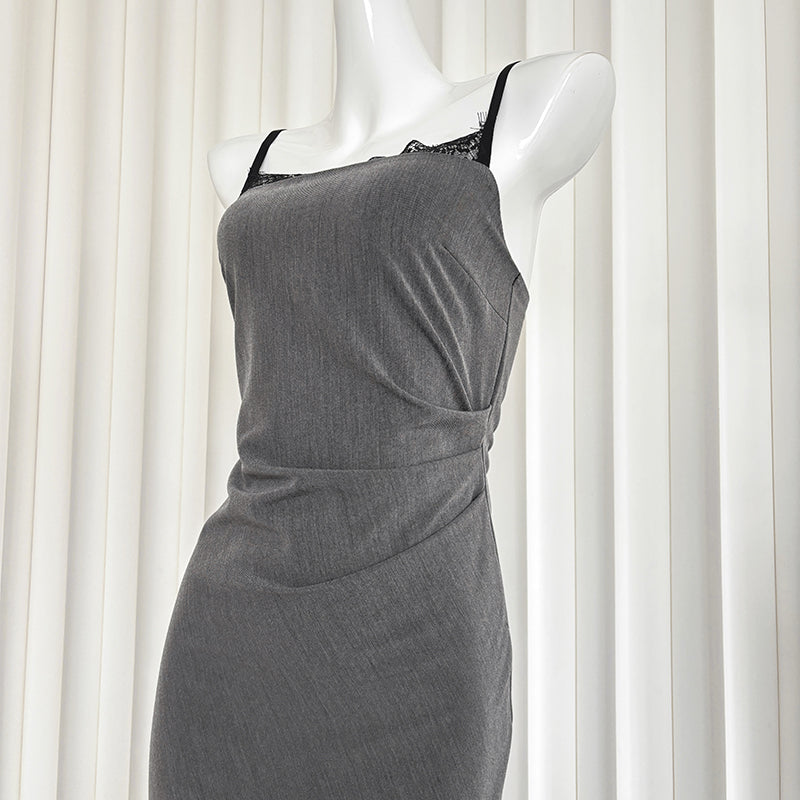 Gray rich girl style beautiful suspender dress female 2025 new summer lace splicing pleated hip skirt R0071