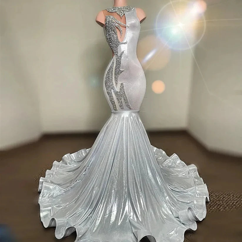 Silver Sequin Mermaid Prom Dresses For African Women With Beading Evening Gowns S3052