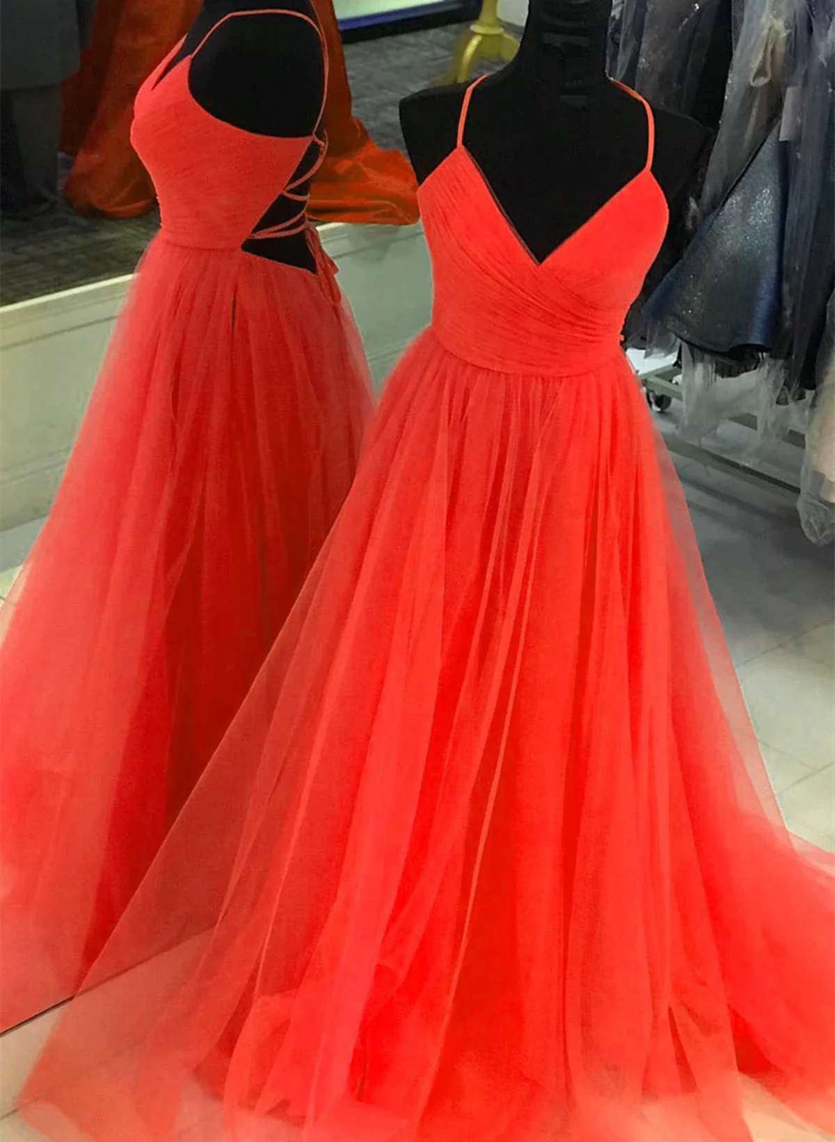 A-Line Tulle V-Neckline Sweetheart Cross Back Long Party Dress, Tulle Evening Dress Prom Dress S2556