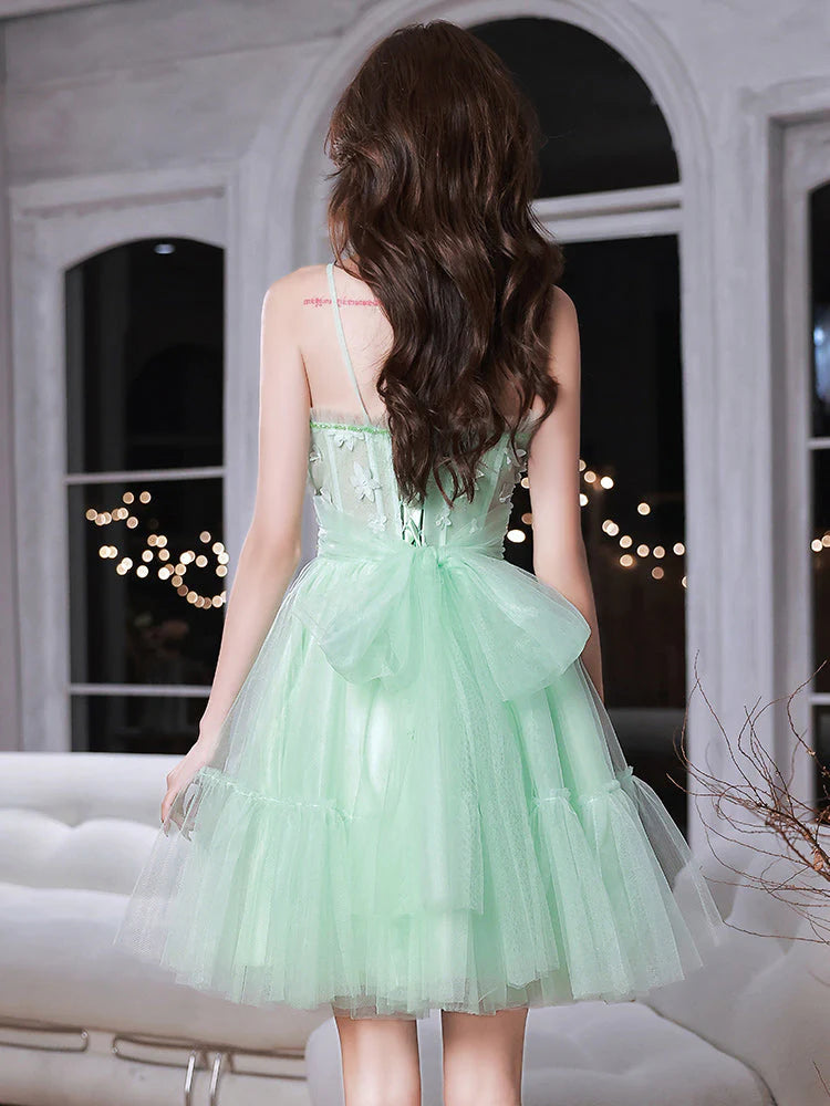 Green sweetheart neck tulle lace short prom dress, green homecoming dress S3020