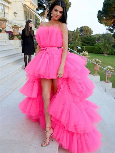 Sexy Tulle Ruffle Pink High-low Long Prom Party Dress S3295