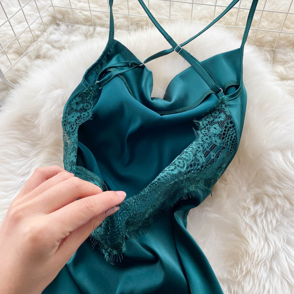 Satin lace slit hollow suspender dress French retro backless sexy long dress R2217