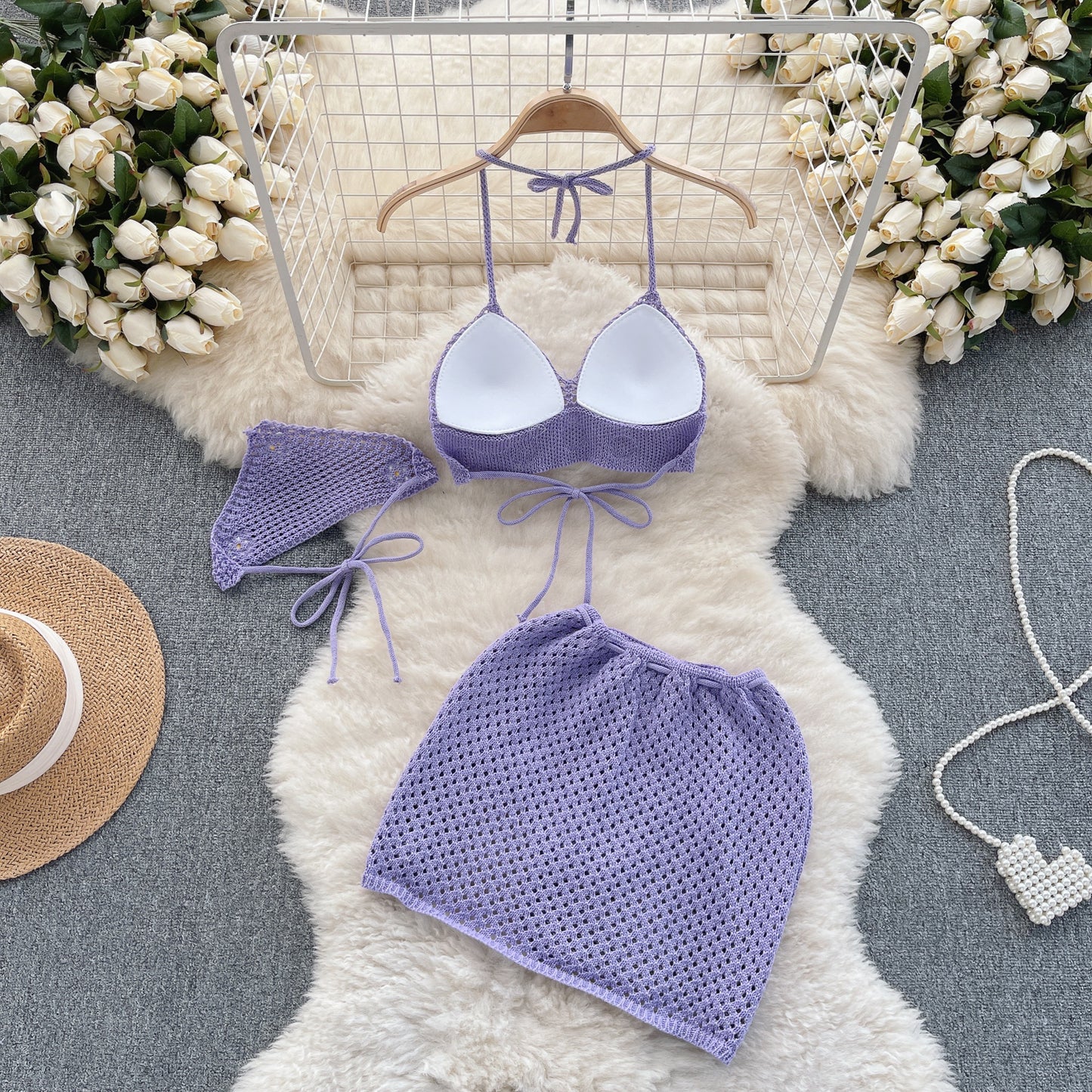 Seaside holiday style knitted bikini set small flower design pure desire three-piece set R2218