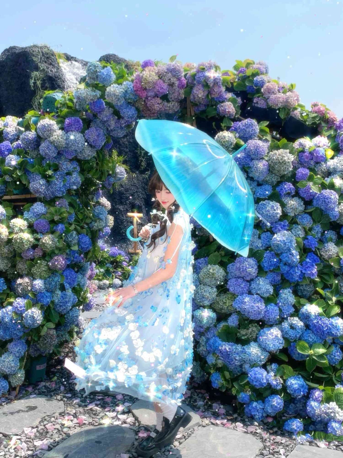 Gentle and sweet style blue flower short-sleeved dress holiday style A-line long skirt R0721