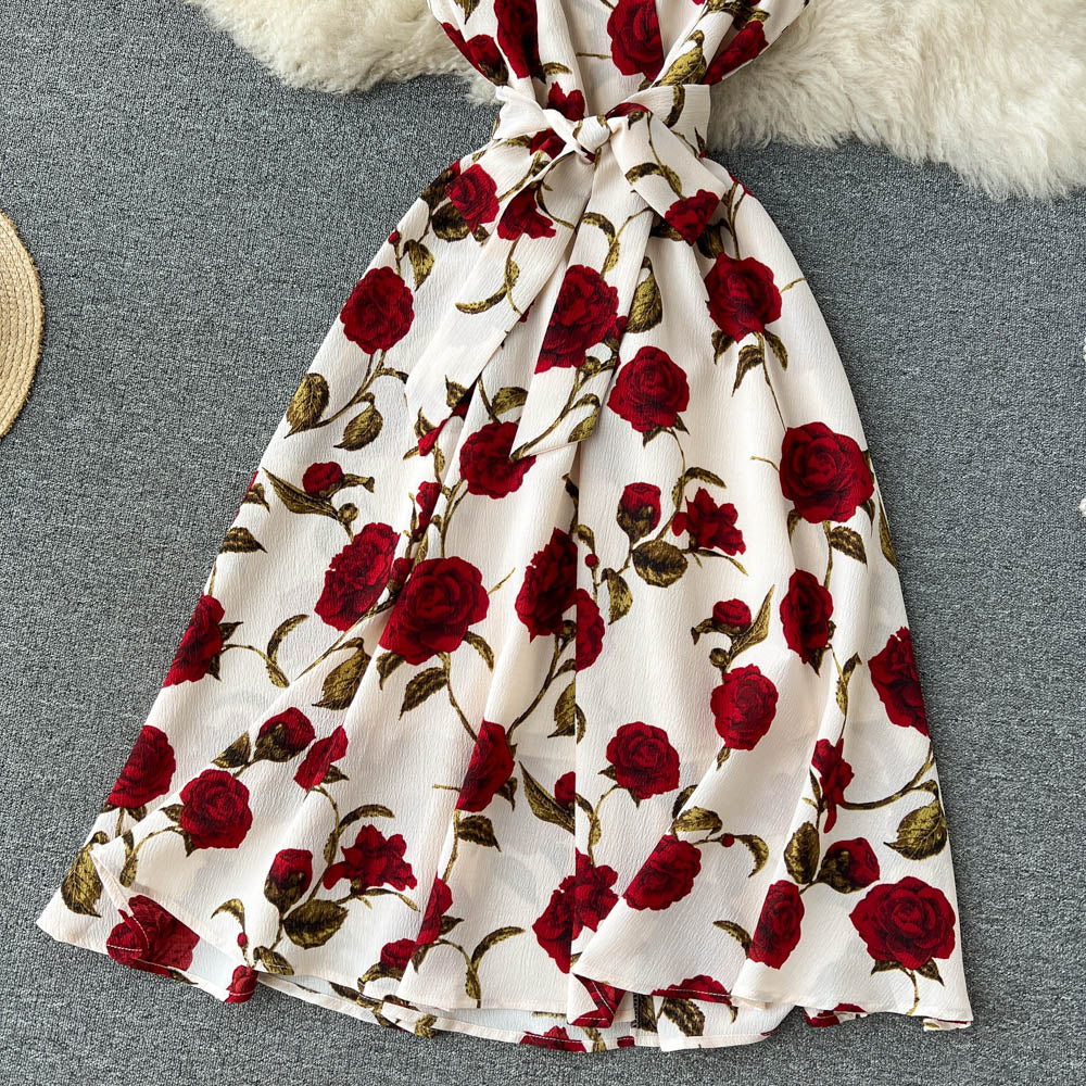 Retro printed dress 2025 new style temperament V-neck tie waist slim medium long dress R2139