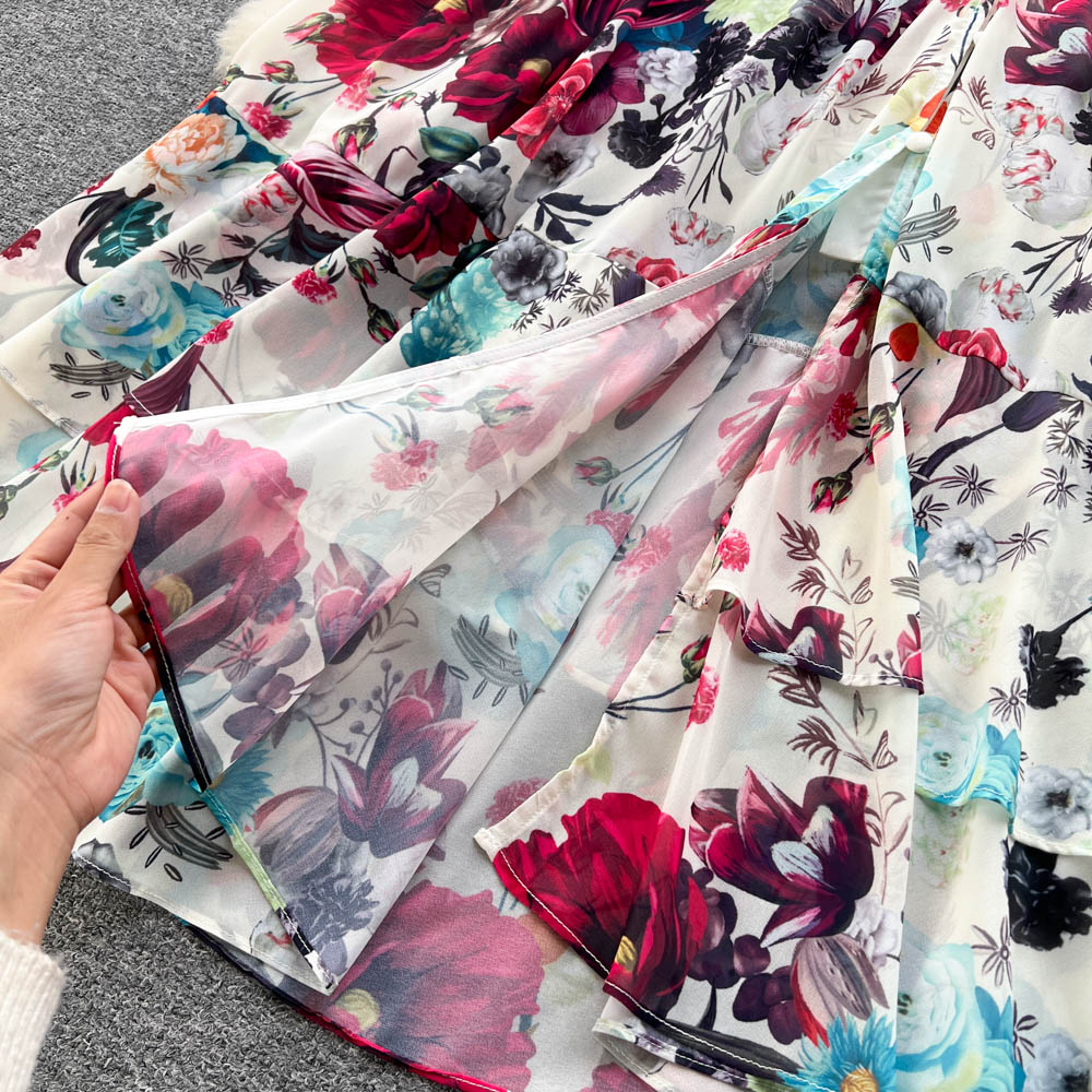 French court style temperament slim French chiffon mesh dress A-line printed long skirt R2149