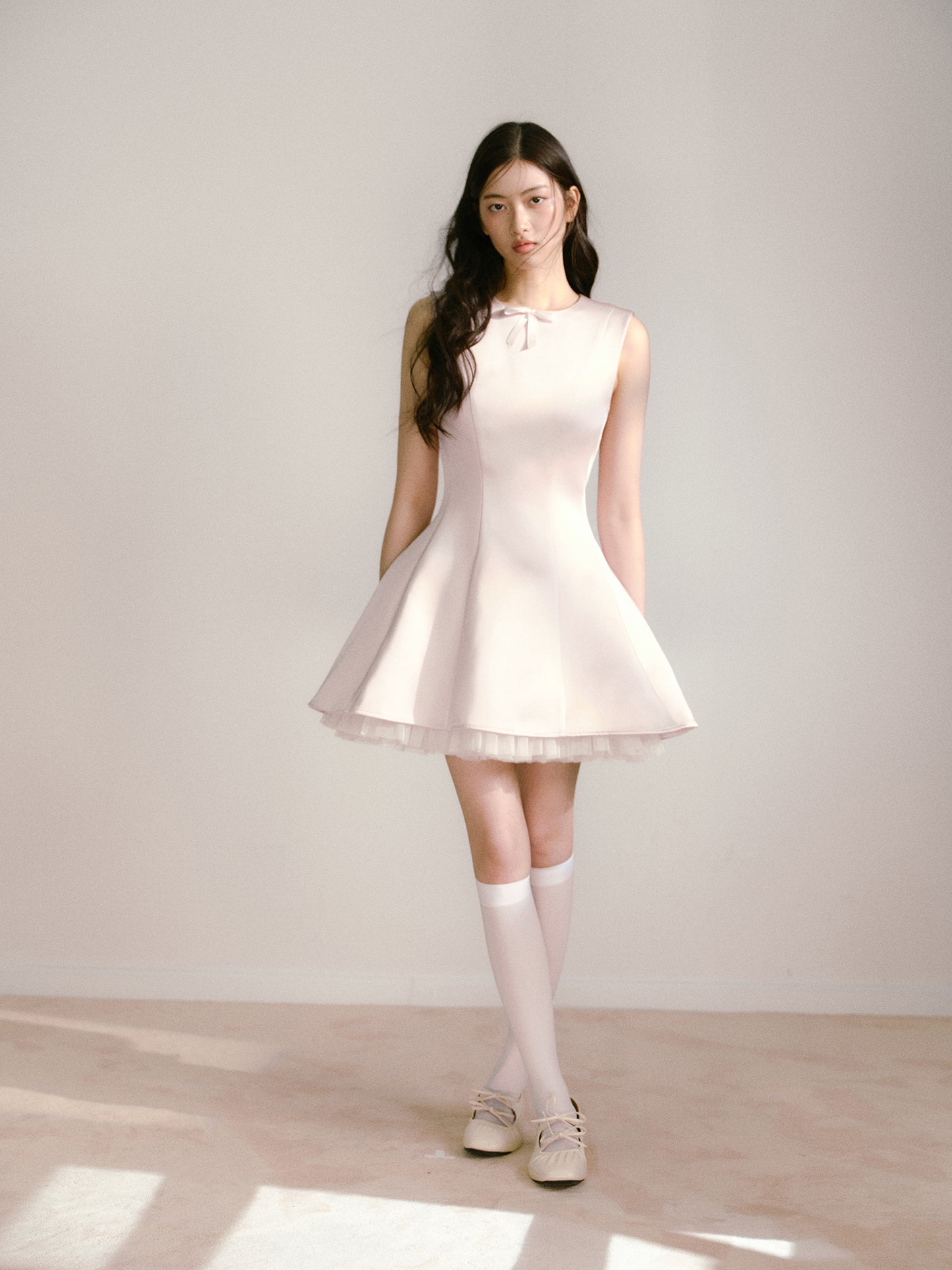 Light pink shiny satin vest dress with mesh ballet style sleeveless tutu skirt R5129