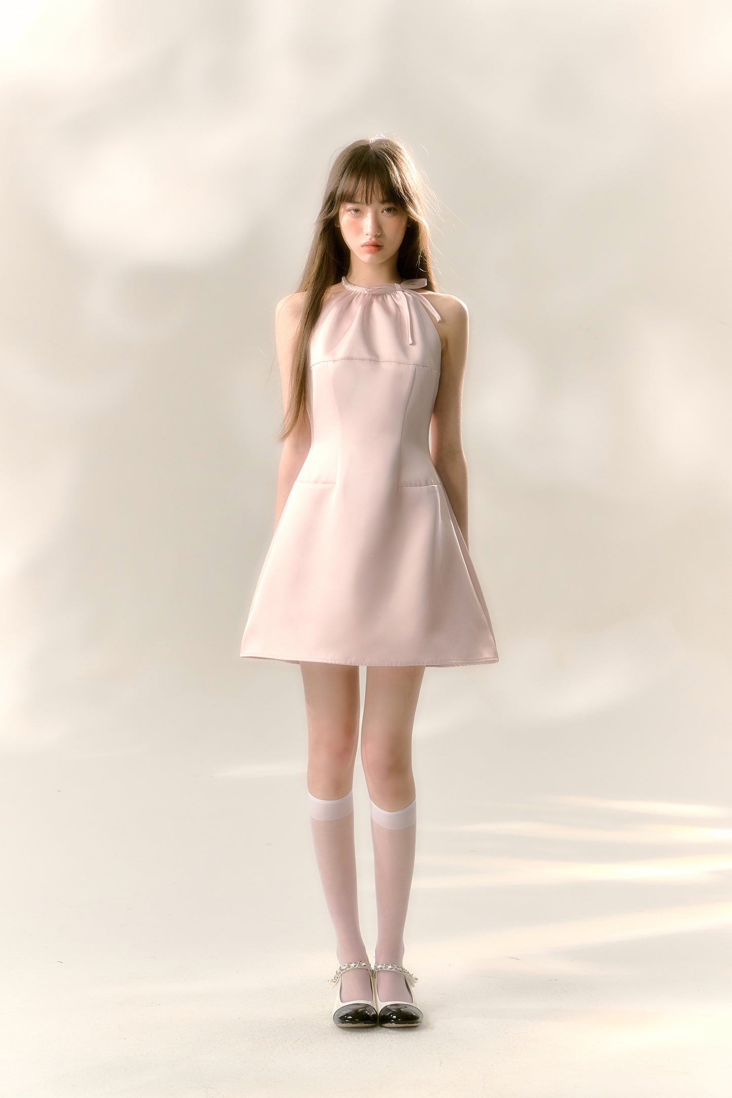Pink satin glossy halter neck dress with bow waist A-line sleeveless short skirt R5130