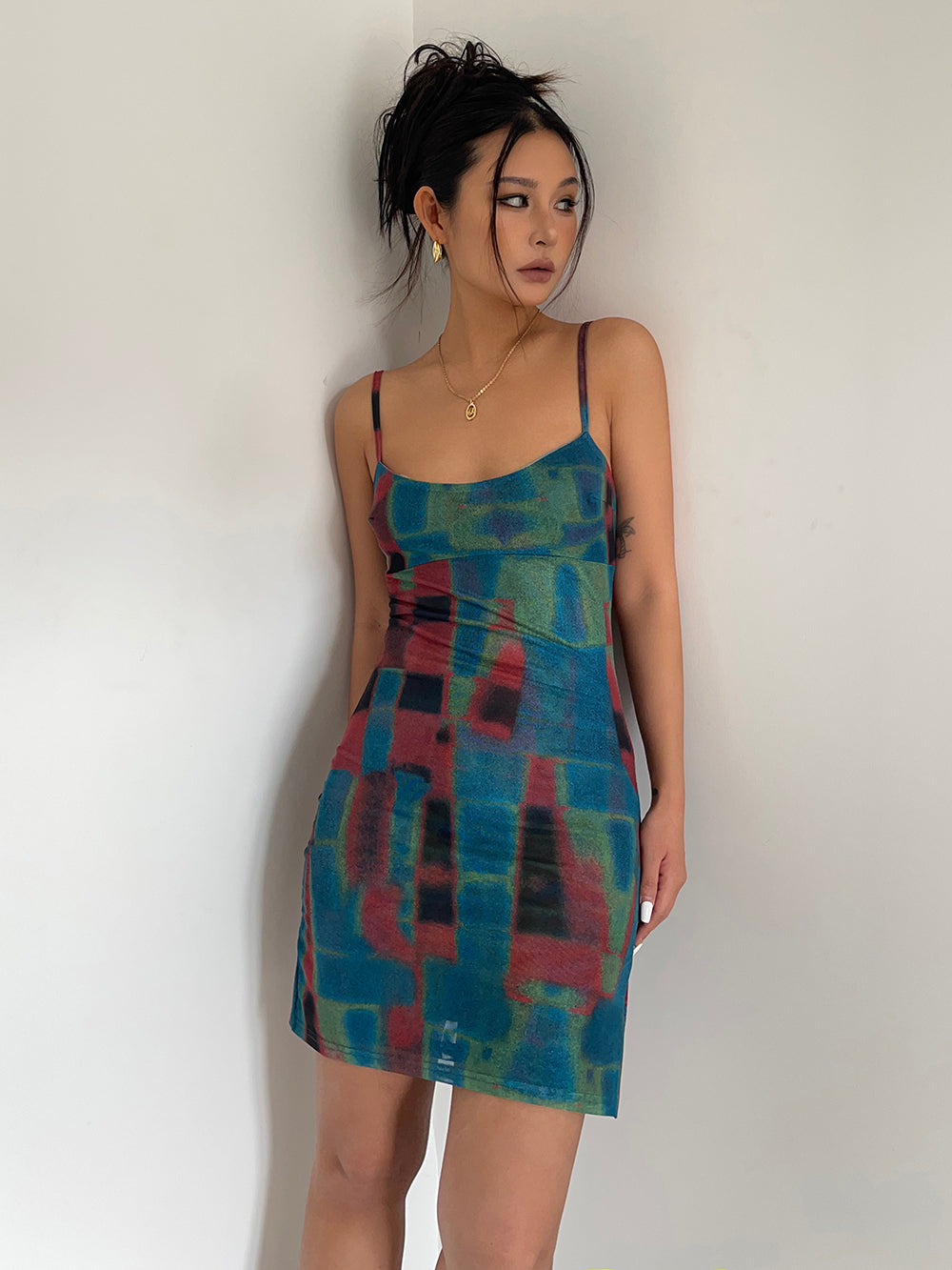 Pure desire tie-dyed double-layer mesh print slim-fitting suspender dress with hip skirt R3071