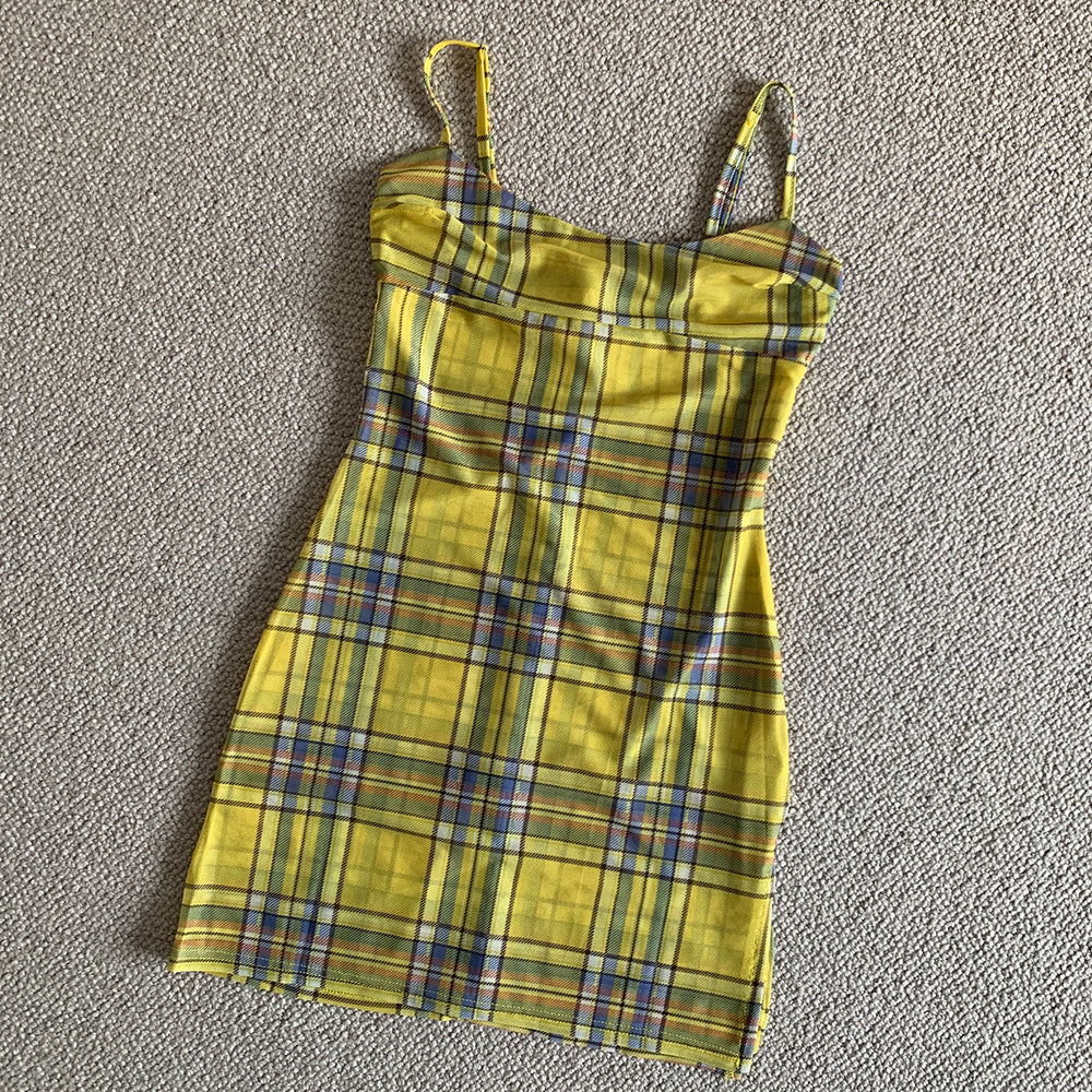 Show body American hot girl sexy yellow plaid soft a-line suspender skirt holiday dress R3033